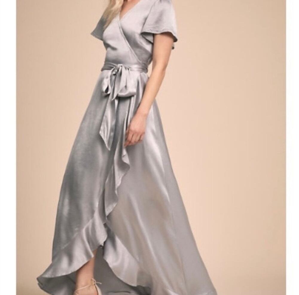 BHLDN Ghost Phoebe Wrap Maxi Dress Silver Grey Small Ruffled Hem Midaxi